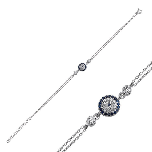 Evil Eye CZ Twin Chain Bracelet in Sterling Silver - Zehrai