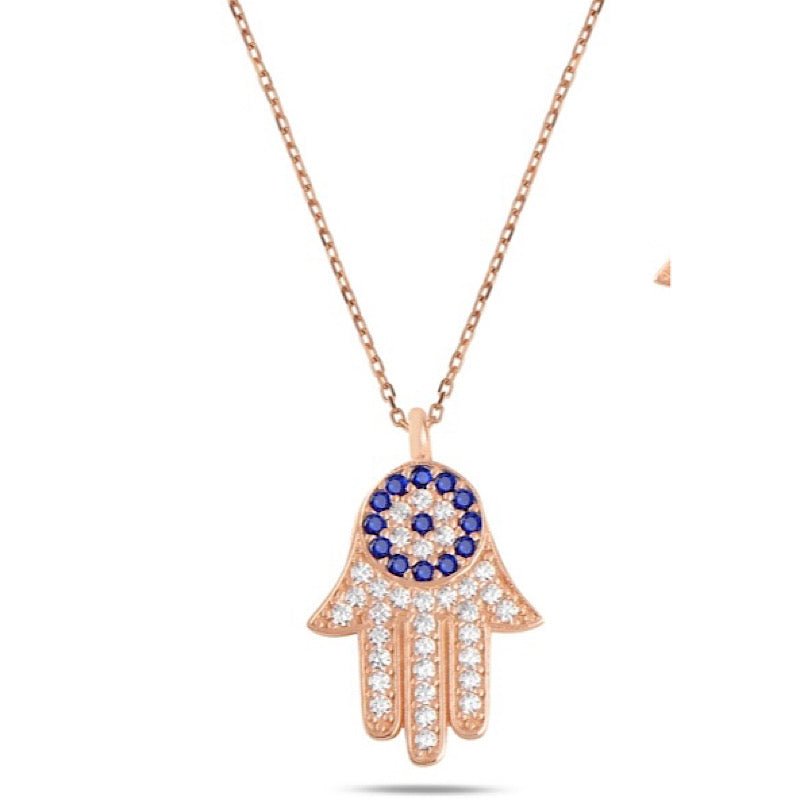 Hamsa and evil eye necklace with CZ in sterling silver - Zehrai