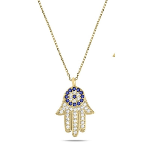 Hamsa and evil eye necklace with CZ in sterling silver