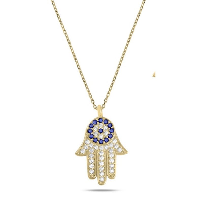 Hamsa and evil eye necklace with CZ in sterling silver - Zehrai