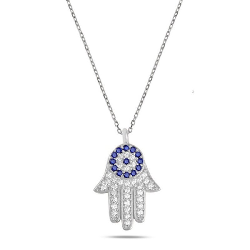 Hamsa and evil eye necklace with CZ in sterling silver - Zehrai