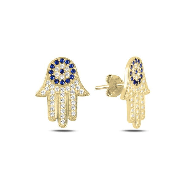 Hamsa & Evil Eye Stud Earrings In Sterling Silver - Zehrai