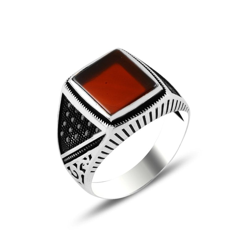 Marcasite & Red Agate Men's Ring In Sterling Silver - Zehrai