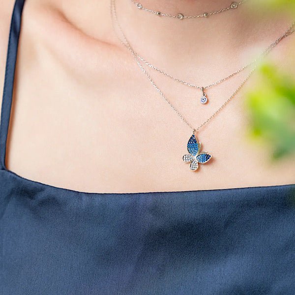 Shades of Blue Butterfly Necklace In Sterling Silver - Zehrai